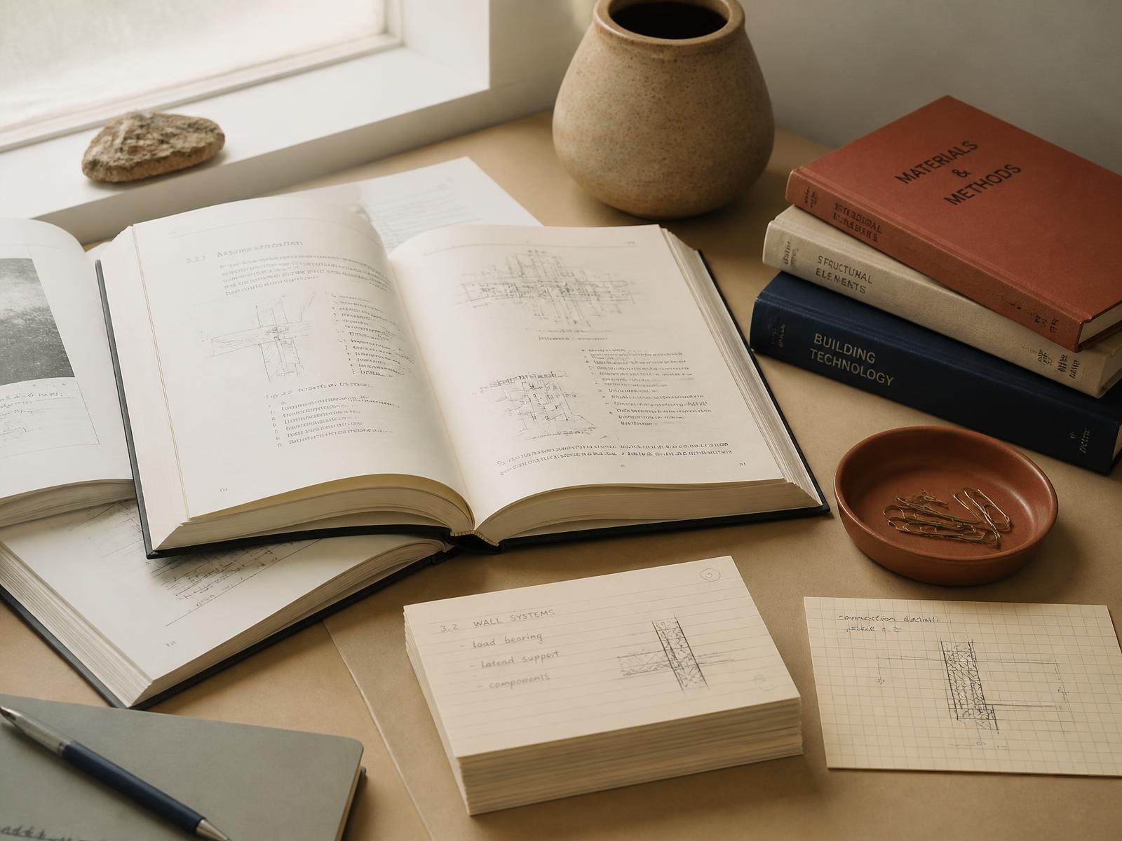 Open technical manuals, index cards and notes arranged on a warm desk